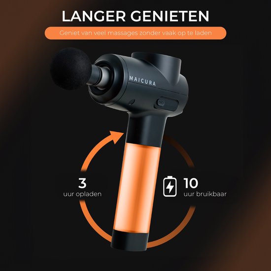 De batterijduur en oplaadtijd weergegeven met de massage gun.